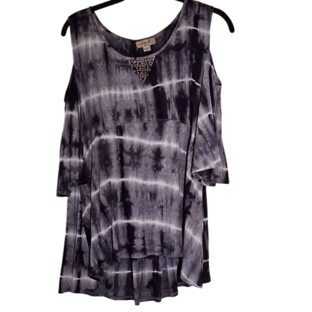 One World Size Large Tie-Dye Cold Shoulder Top